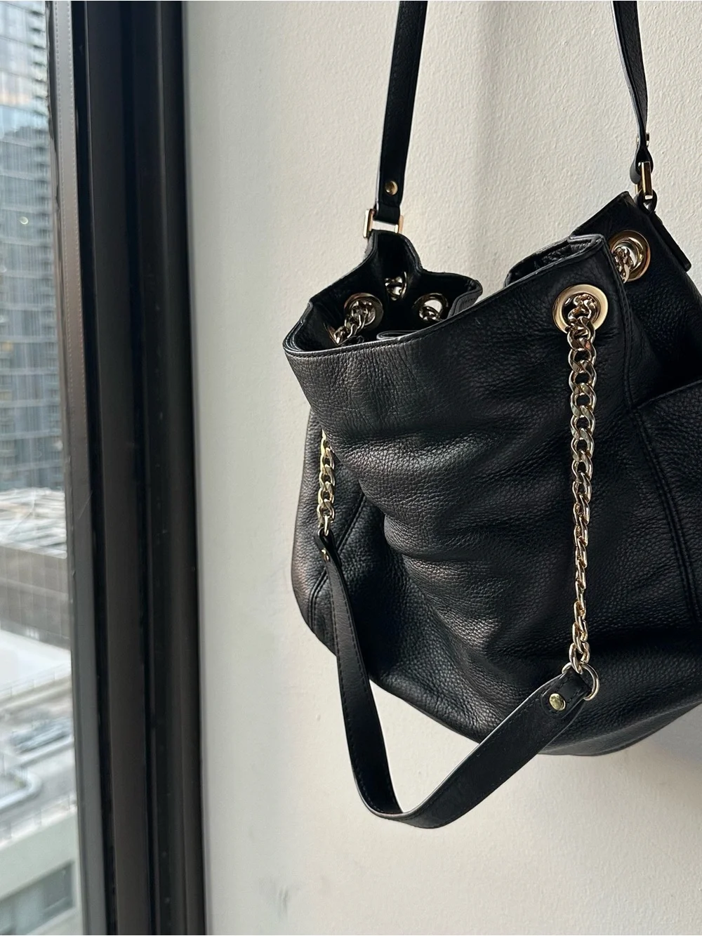 Michael Kors Black Leather Shoulder Bag with Gold Hardware